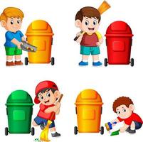 the collection of the boy with the trash bin in the different posing vector