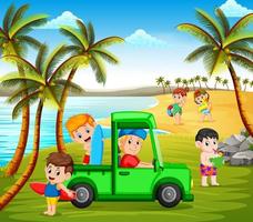 the children vacation in the beach using the car and playing in the coast vector