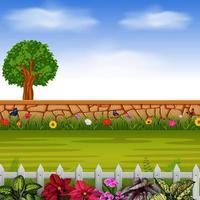 the stone wall with the tall tree and flowers vector