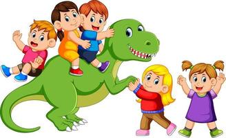 los niños jugando en el cuerpo del tiranosaurio rex y sosteniendo su mano vector