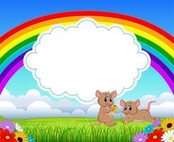 the nature view with the cloud board blank space and a two little mice holding the cheese vector