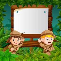 Two Kids on a Jungle Adventure with blank wood background