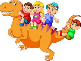 los niños jugando y sentados en el cuerpo del gran tiranosaurio rex y algunos de ellos sosteniendo su cola vector