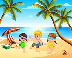 the beautiful view with three children playing in the beach under the blue sky vector