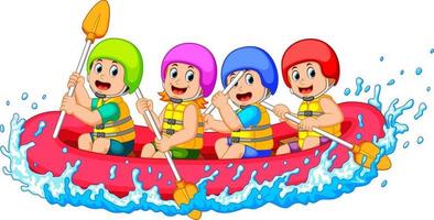 happy rafting team in a river vector