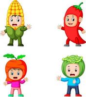 la colección de los niños usando el disfraz de verduras con diferentes variantes vector