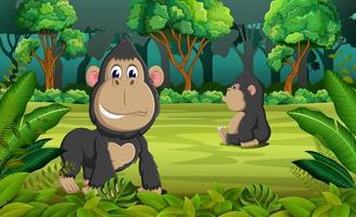 the forest background with two gorilla playing and sitting there vector