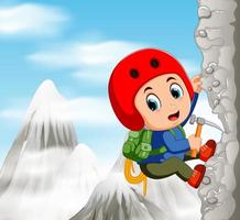 Young man while climbing challenging route on cliff vector
