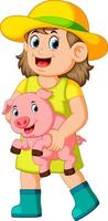 a Farm Girl holding a Pig vector