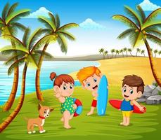 the beautiful sunny day in the beach and the children playing together with some pets vector