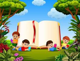 the children reading the book in the different posing with the big book in the garden vector