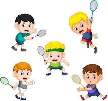 collection of badminton children player with the different posing vector