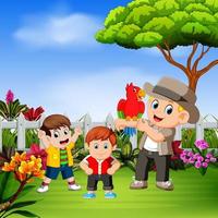 the children play with his uncle and the bird in the garden vector