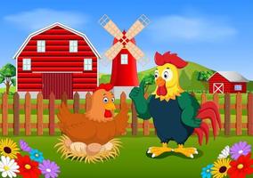 the red farm with two cocks and windmill in the village vector