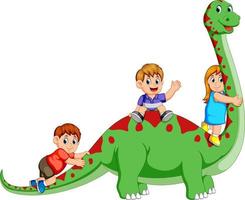 the children playing and holding the diplodocus's body and some of them sitting on it vector