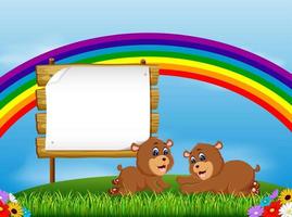 the nature view with the wooden board blank space and two little bear lie down vector