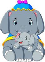 un elefante con un sombrero azul y feliz jugando con un lindo elefante pequeño vector