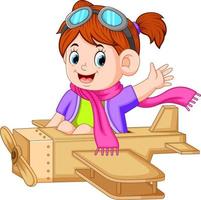 linda chica jugando con el avión de juguete vector