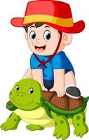 a boy is sitting on a big turtle vector