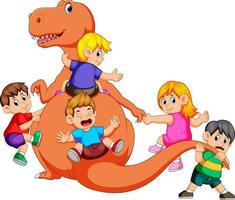 the children playing and holding the Tyrannosaurus Rex's body and pull his tail some of them holding his hand