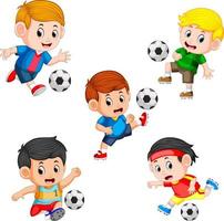 colección de futbolistas infantiles con diferentes poses vector