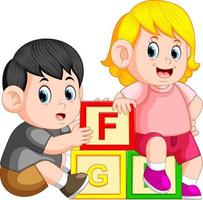 kids playing with alphabet block vector