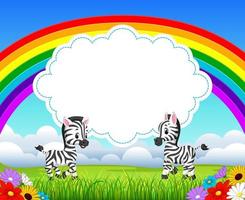 the nature view with the cloud board blank space and baby zebra talking infront of it vector