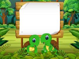 the wooden board blank space with two couple turtle with forest background vector