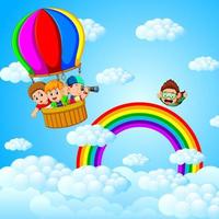 happy kids flying in a hot air balloon and skydiver vector