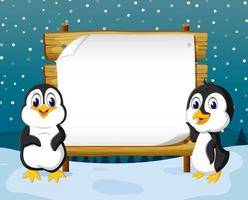 the winter view with the wooden board blank space and two penguins stand in front it vector