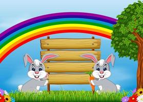 the nature view with the wooden board blank space and the rabbits holding the carrot vector