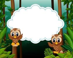 the nature view with the wooden board blank space and the owl flaying near it vector