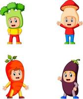 the collection of the children using the healty vegetables costume with different variant vector