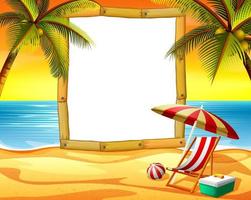 the wooden frame blank space with the sunset beach background and some coconut trees vector