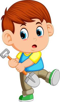 Boy pretending to dig with clean new unused shovel