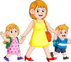 a woman holding her children hands for accompany them to school vector