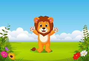 the beautiful view with the little lion waving his hand in the field vector