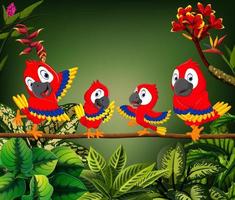 the beautiful parrots perch on the trunk together vector