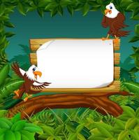 the wooden board blank space with the dashing eagle with forest background
