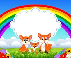 the nature view with the cloud board blank space and fox's family pose infront of it vector