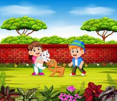 the children are playing with their pets near the red wall vector