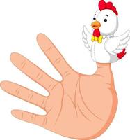 hand wearing a rooster finger puppet on thumb vector