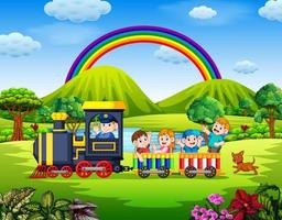 la hermosa vista con los niños dentro del tren ondeando bajo el arcoiris vector