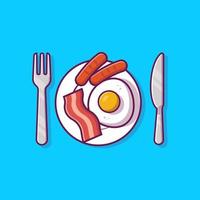 comida de desayuno en el plato con ilustración de icono de vector de dibujos animados de huevo y salchicha. concepto de icono de desayuno vector premium aislado. estilo de dibujos animados plana