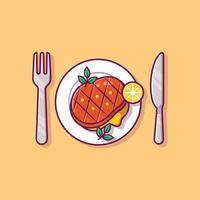 Steak Food On Plate with Knife and Fork Cartoon Vector Icon Illustration. Fast Food Icon Concept Isolated Premium Vector. Flat Cartoon Style