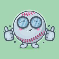 mascota divertida del personaje de la pelota de béisbol con el pulgar hacia arriba gesto de la mano dibujos animados aislados en un diseño de estilo plano vector