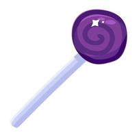 bastón de caramelo púrpura brillante en el icono de dibujos animados de palo vector