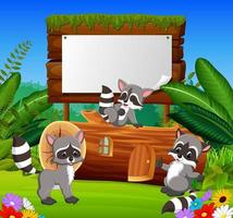 the nature garden view with the wooden board blank space and three happy raccoon vector