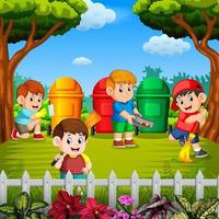 the children clean the garden and throw the trash into a bin in the three colour vector