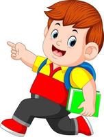 a schoolboy with backpacks and books walking vector